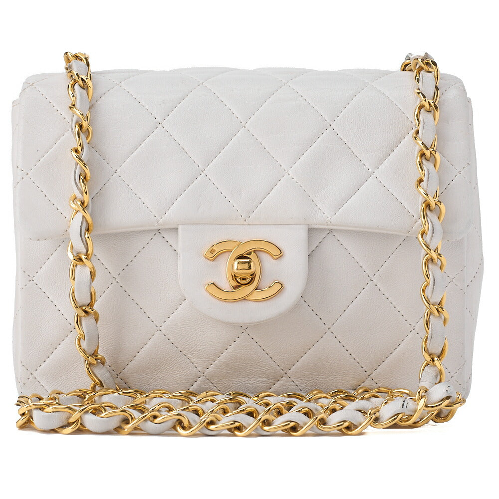 CHANEL Chain Shoulder Bag Mini Matrasse 17cm Lambskin White Single Flap Turnlock Gold-Tone Hardware, Pre-Owned