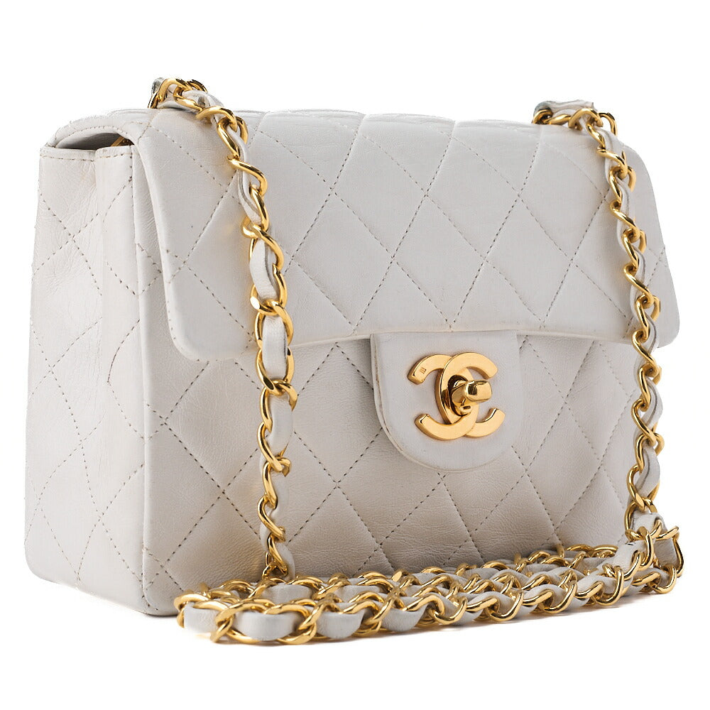CHANEL Chain Shoulder Bag Mini Matrasse 17cm Lambskin White Single Flap Turnlock Gold-Tone Hardware, Pre-Owned