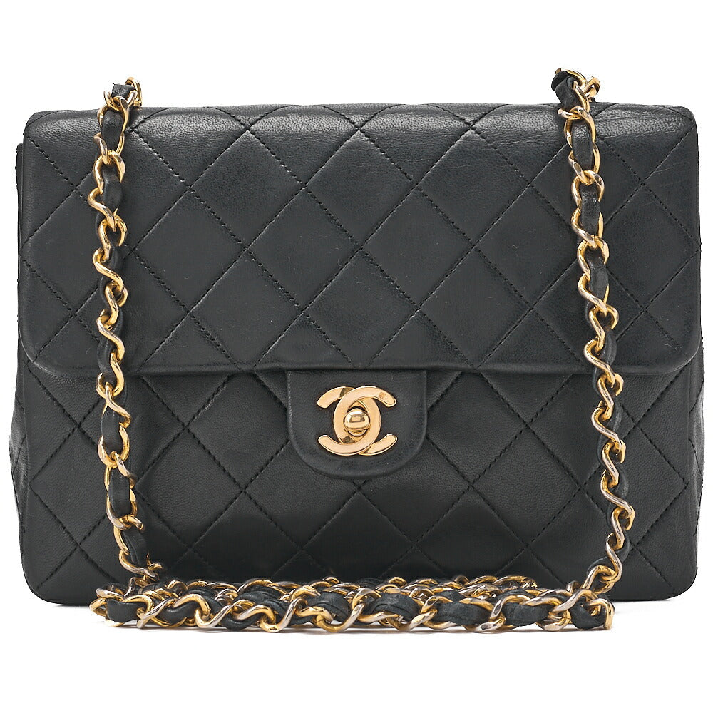 CHANEL Chain Shoulder Bag Single Mini Matrasse 20cm Lambskin Black Gold-Tone Hardware, Pre-Owned