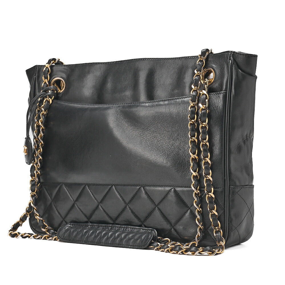 CHANEL Matelasse with Pull Charm Double Chain Shoulder Bag Lambskin Black Gold-Tone Hardware, Pre-Owned
