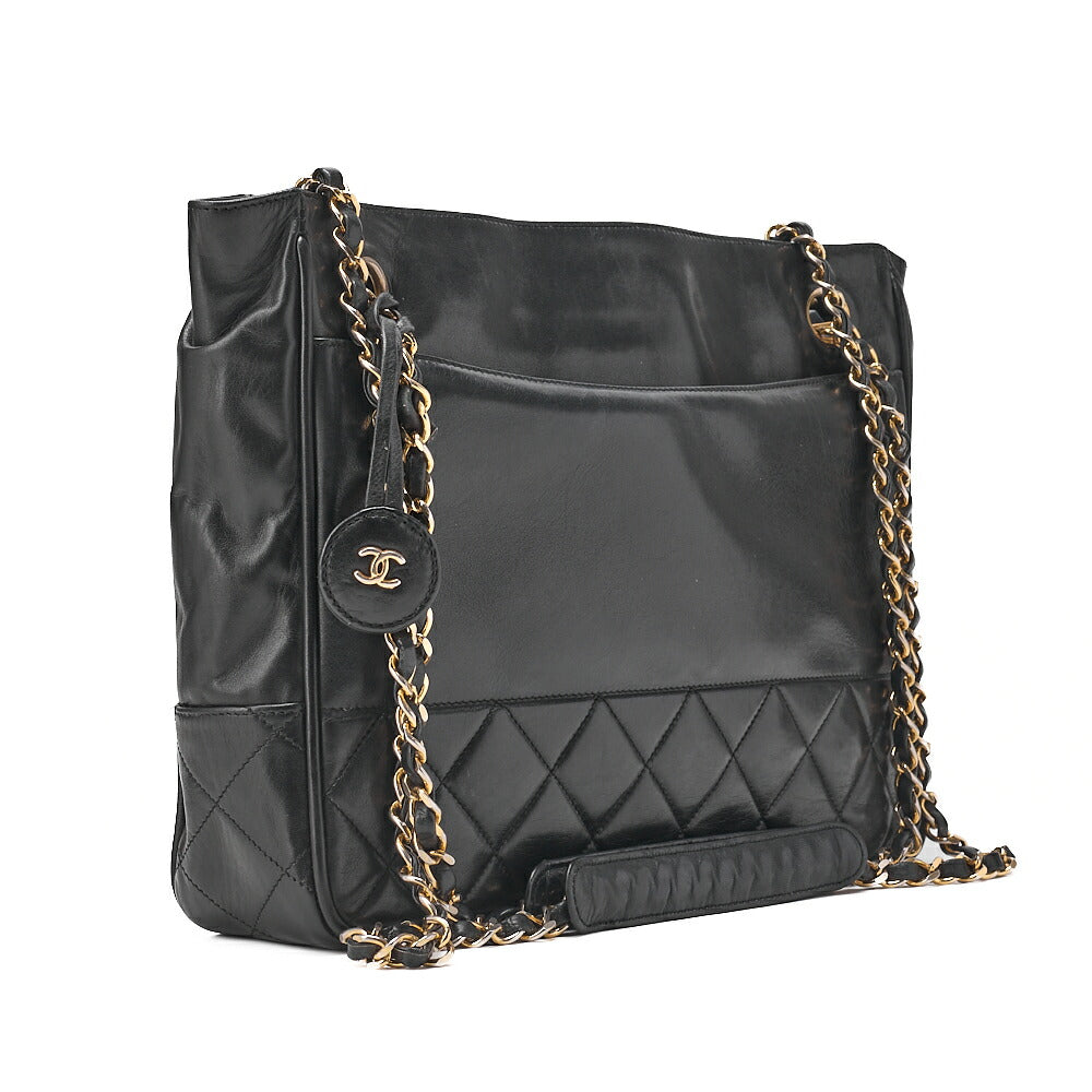 CHANEL Matelasse with Pull Charm Double Chain Shoulder Bag Lambskin Black Gold-Tone Hardware, Pre-Owned