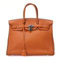 HERMES Birkin 35 Handbag Togo Orange Silver-Tone Hardware, Pre-Owned