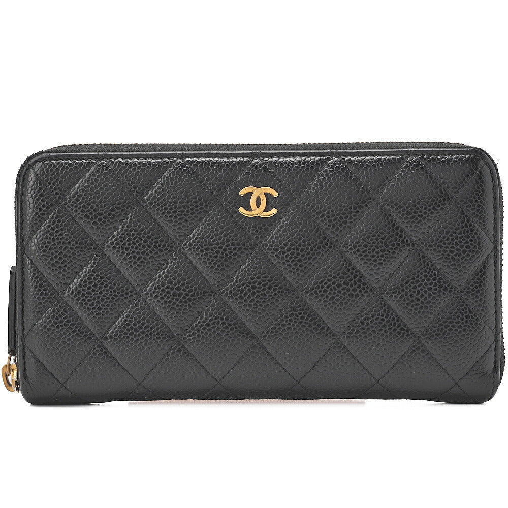 CHANEL Matelasse Round Long Wallet Caviar Skin Black Gold-Tone Hardware, Pre-Owned