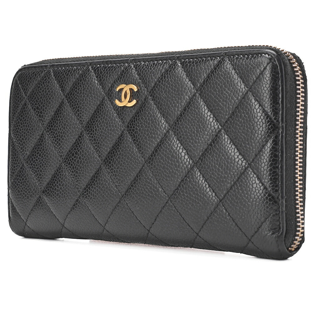 CHANEL Matelasse Round Long Wallet Caviar Skin Black Gold-Tone Hardware, Pre-Owned