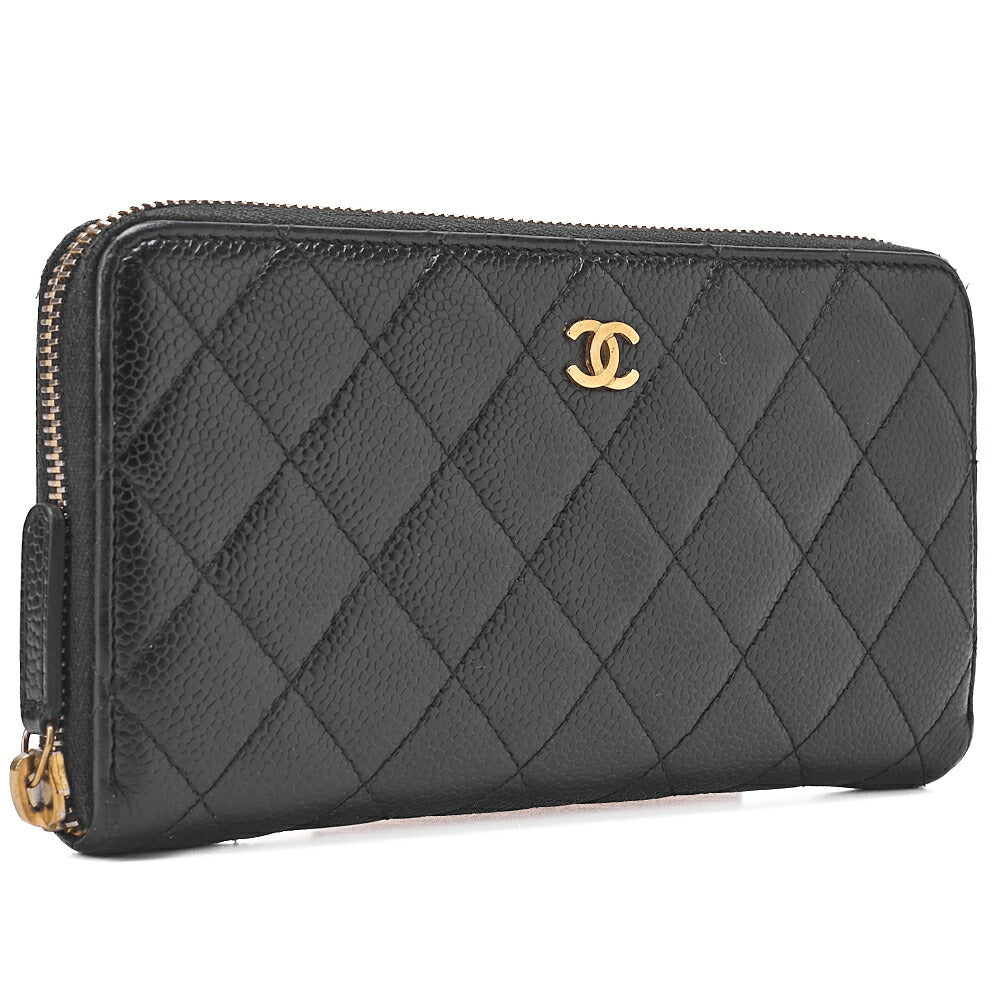 CHANEL Matelasse Round Long Wallet Caviar Skin Black Gold-Tone Hardware, Pre-Owned