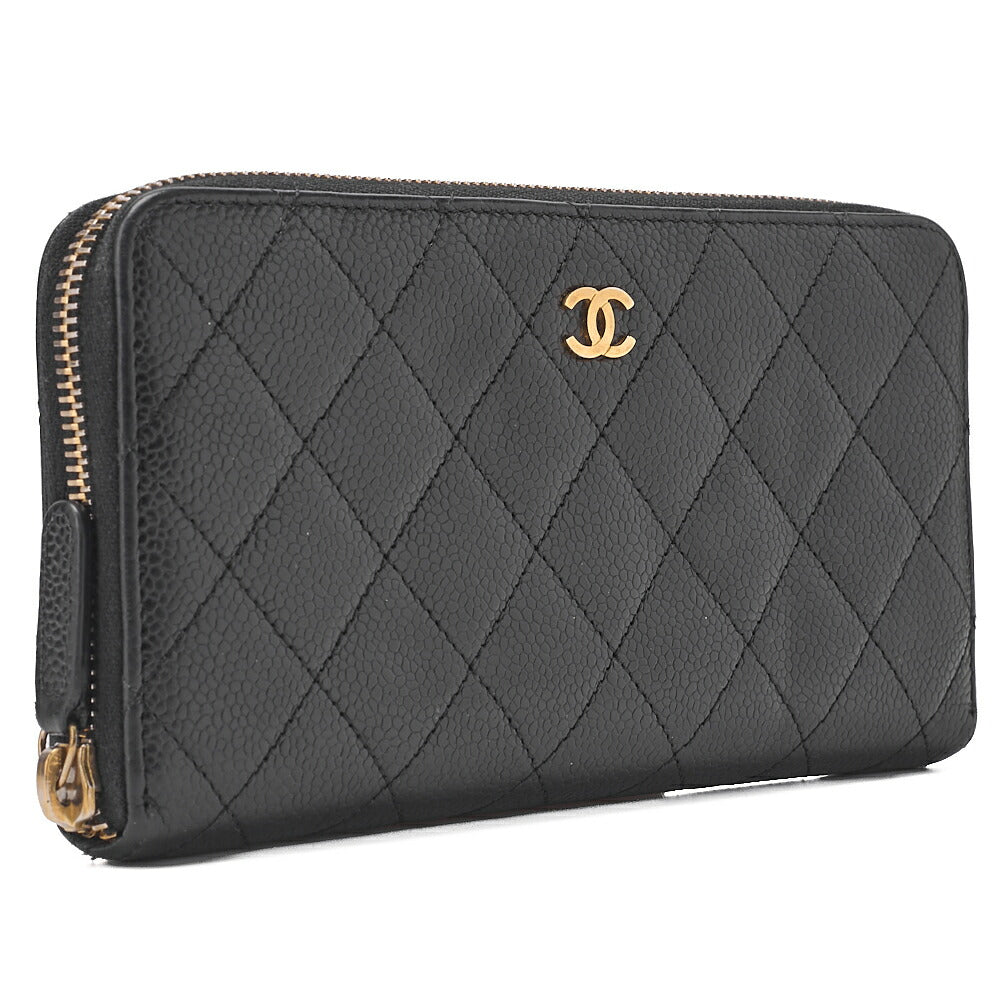 CHANEL Matelasse Round Long Wallet Caviar Skin Black Gold-Tone Hardware, Pre-Owned