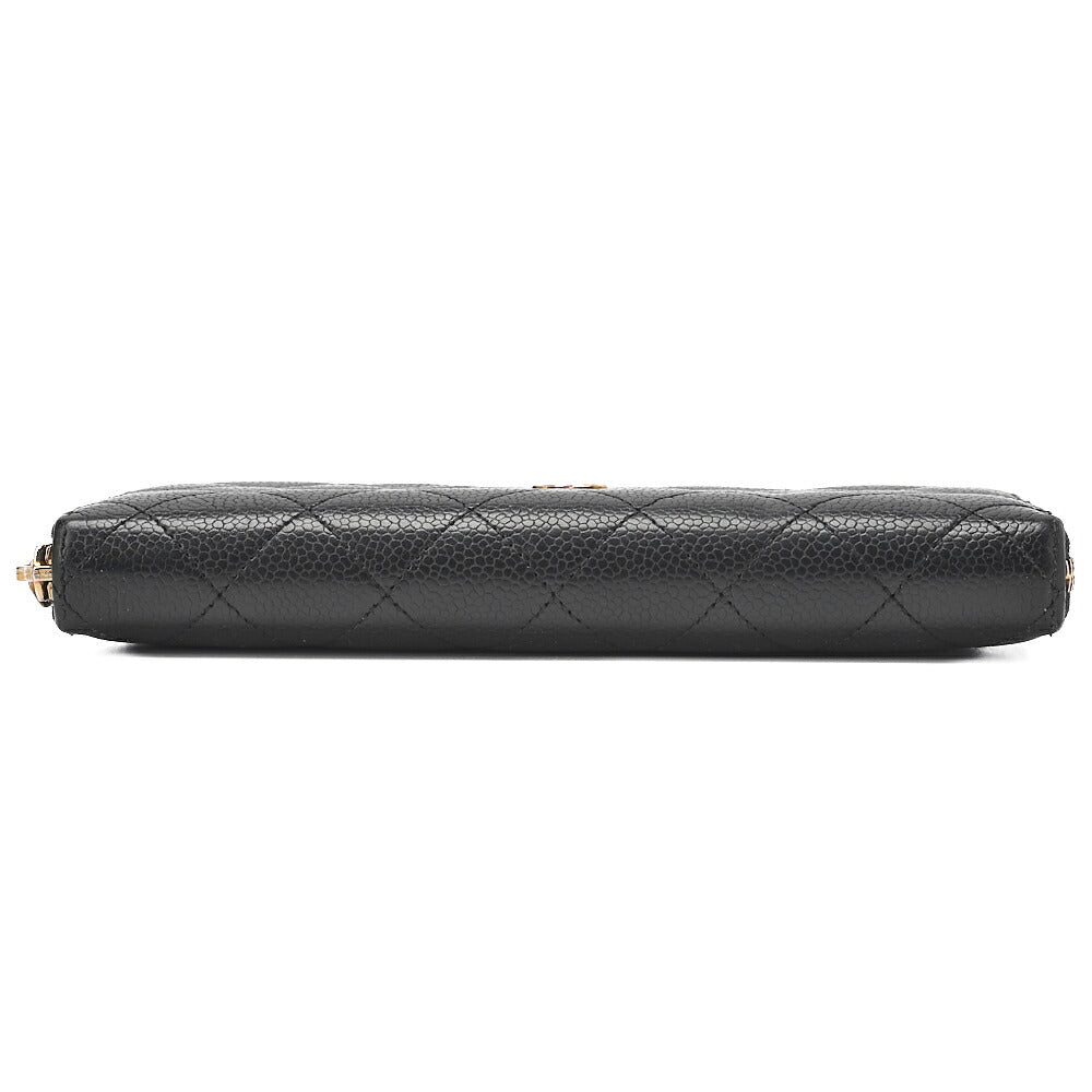 CHANEL Matelasse Round Long Wallet Caviar Skin Black Gold-Tone Hardware, Pre-Owned