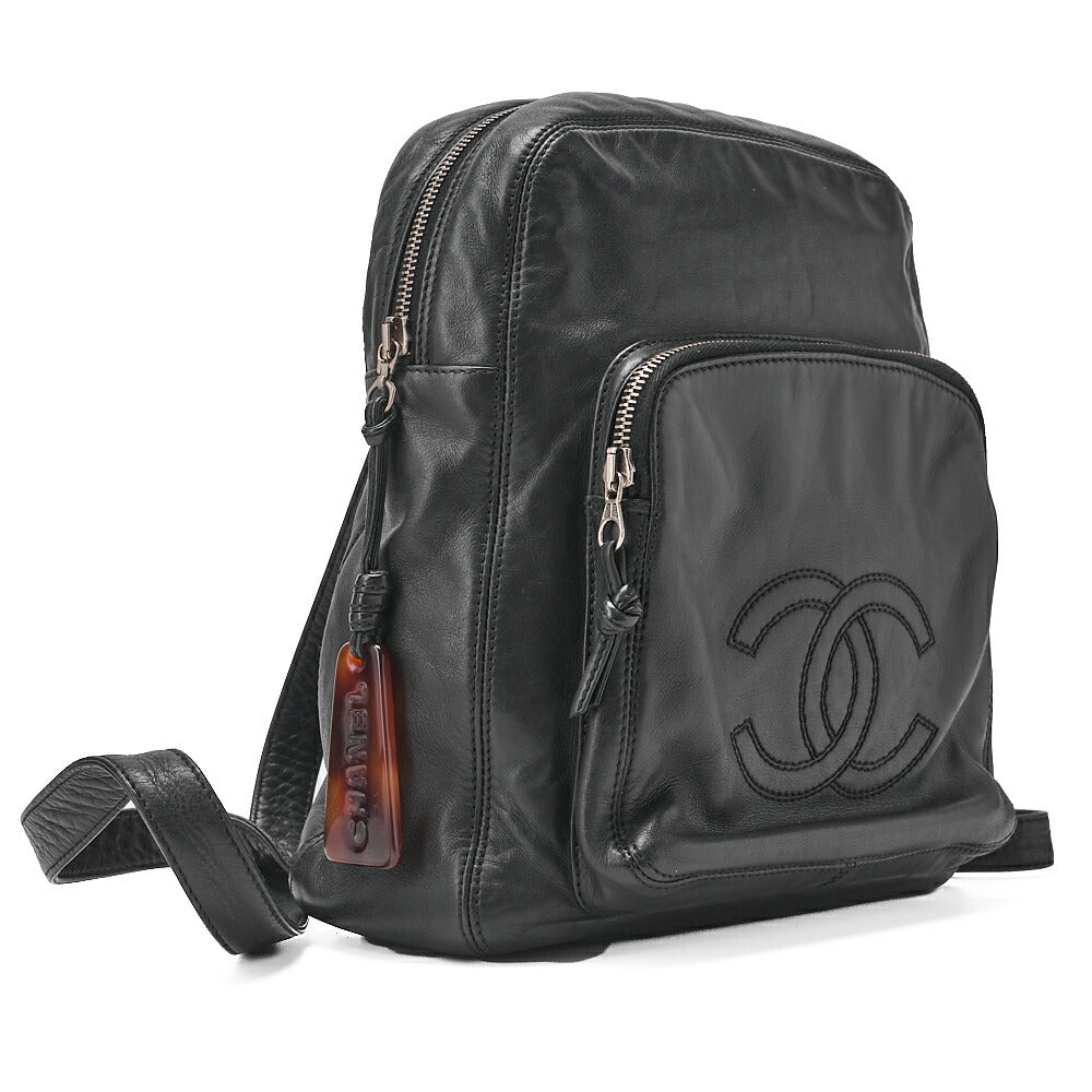 CHANEL Coco Mark Tortoiseshell Plate Backpack Lambskin Black Silver-Tone Hardware, Pre-Owned
