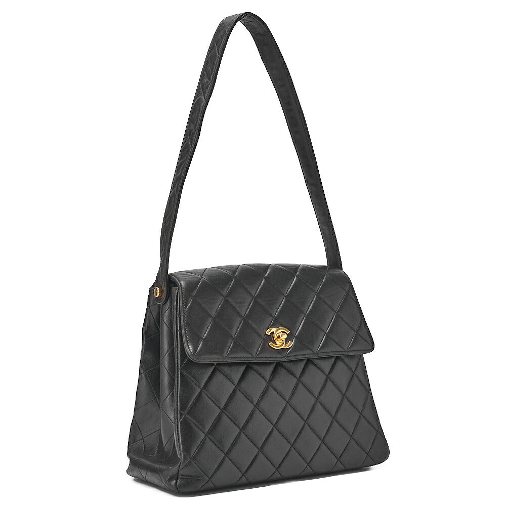 CHANEL One Shoulder Bag Matelasse Turnlock Single Flap Lambskin Black Gold-Tone Hardware, Pre-Owned