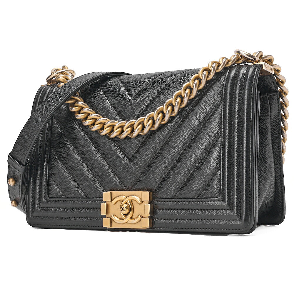 CHANEL Boy Chanel V-Stitch Chain Shoulder Bag Caviar Skin Black Gold-Tone Hardware, Pre-Owned