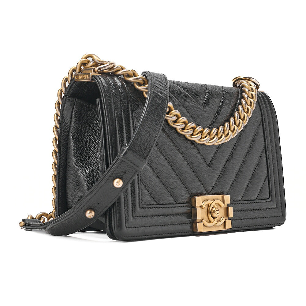 CHANEL Boy Chanel V-Stitch Chain Shoulder Bag Caviar Skin Black Gold-Tone Hardware, Pre-Owned