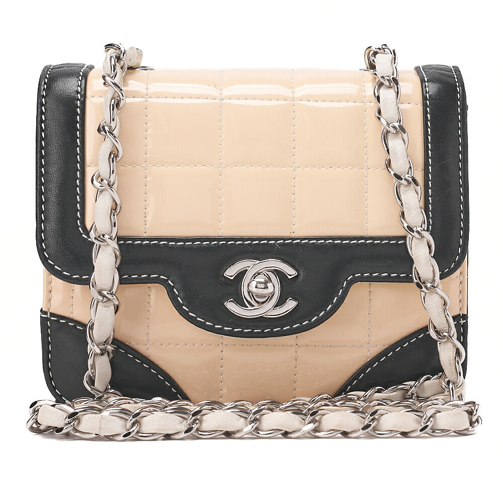 CHANEL Shoulder Bag Chocolate Bar Mini Lambskin x Enamel Beige x Black Gold-Tone Hardware, Pre-Owned