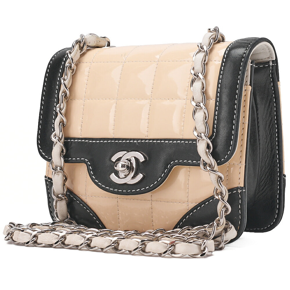 CHANEL Shoulder Bag Chocolate Bar Mini Lambskin x Enamel Beige x Black Gold-Tone Hardware, Pre-Owned