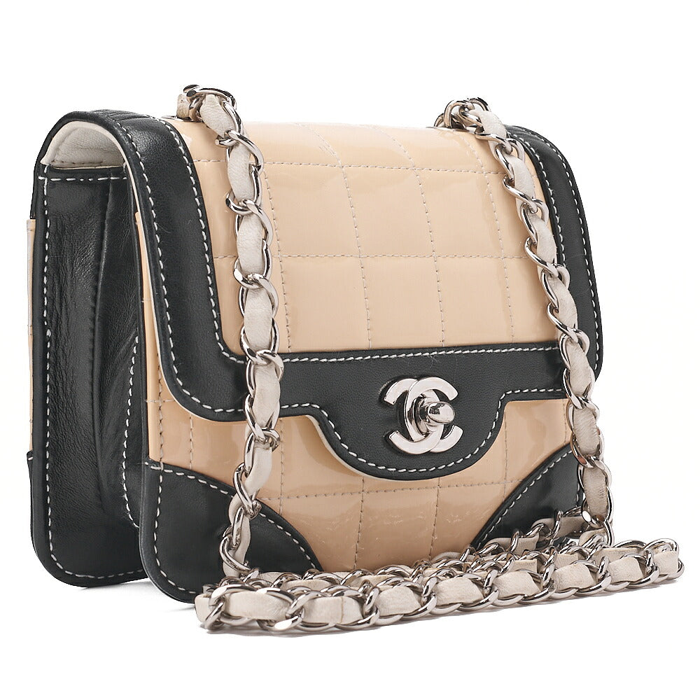 CHANEL Shoulder Bag Chocolate Bar Mini Lambskin x Enamel Beige x Black Gold-Tone Hardware, Pre-Owned