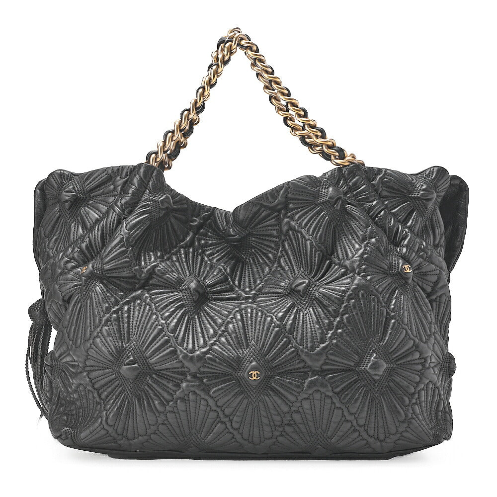 CHANEL Coco Mark Fringe Chain Tote Bag Lambskin Black Gold-Tone Hardware, Pre-Owned