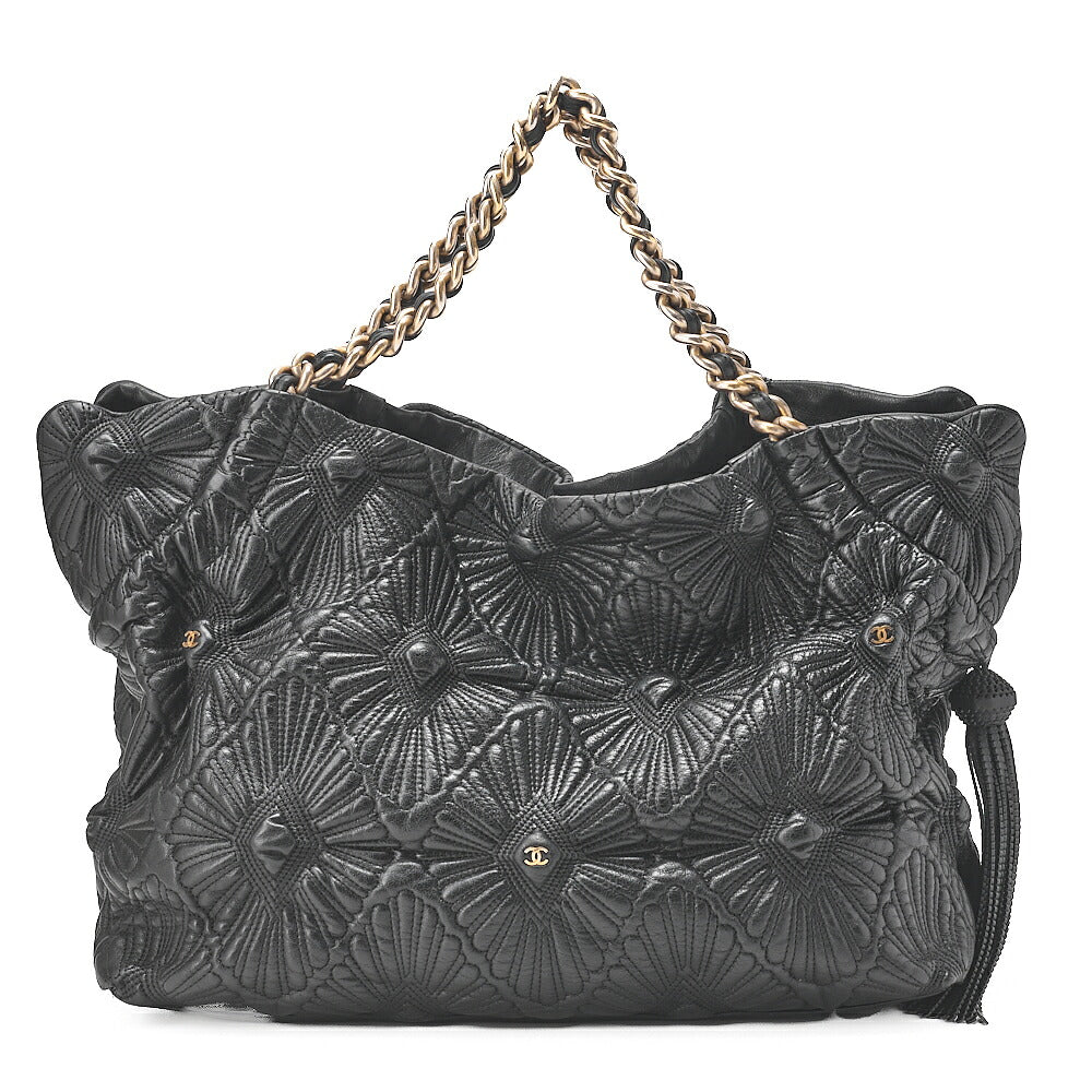 CHANEL Coco Mark Fringe Chain Tote Bag Lambskin Black Gold-Tone Hardware, Pre-Owned