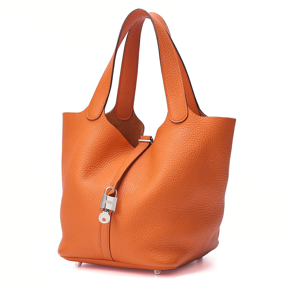 HERMES Picotan Lock MM Handbag Trial Clemence Orange Silver-Tone Hardware, Pre-Owned