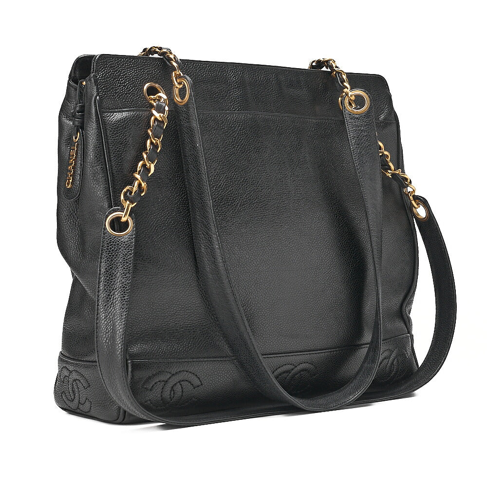 CHANEL Caviar Skin Triple Coco Double Chain Shoulder Black Gold-Tone Hardware, Pre-Owned