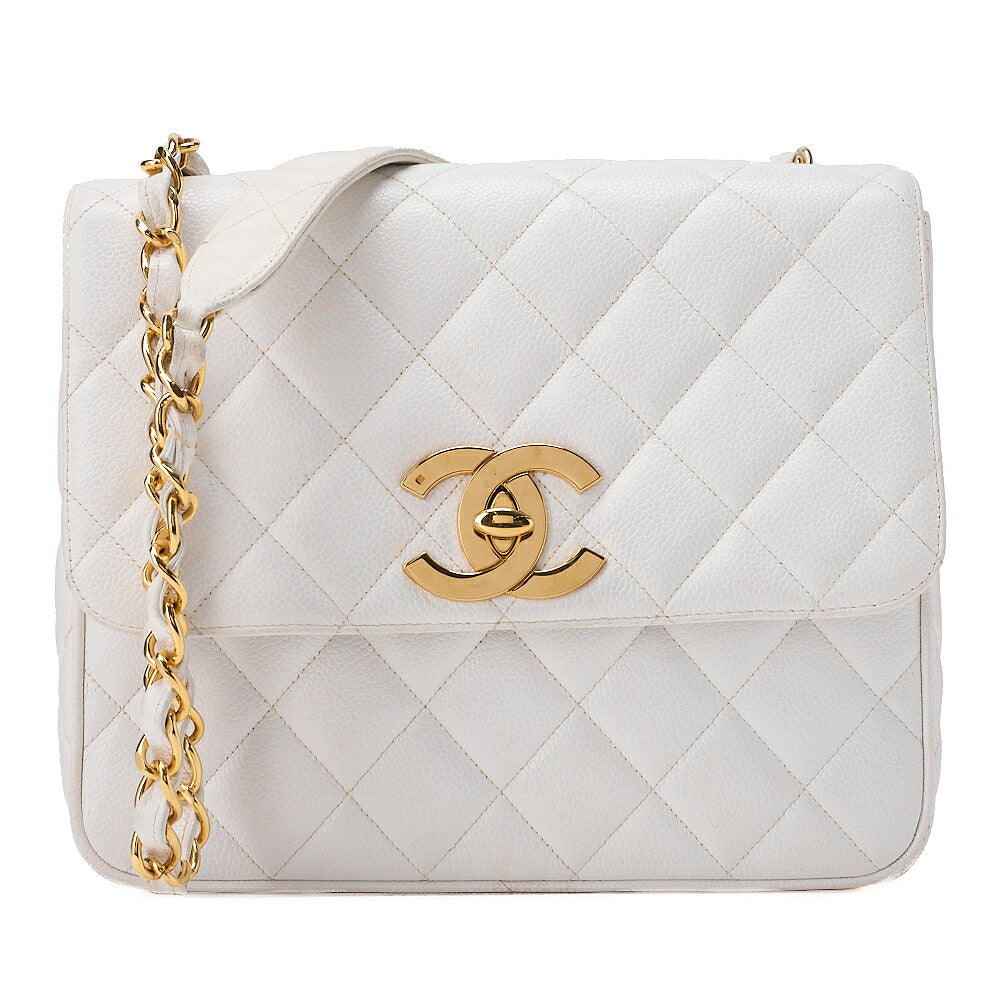 CHANEL Chain Shoulder Bag Square Shape Caviar Skin White Gold Fittings Big Coco Gold-Tone Hardware, Pre-Owned