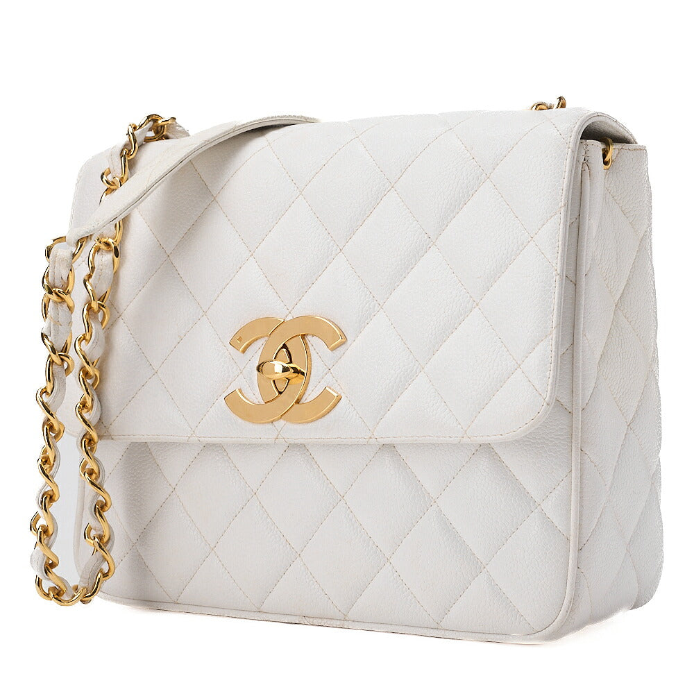 CHANEL Chain Shoulder Bag Square Shape Caviar Skin White Gold Fittings Big Coco Gold-Tone Hardware, Pre-Owned