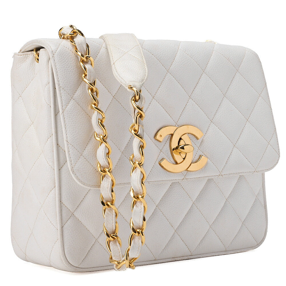 CHANEL Chain Shoulder Bag Square Shape Caviar Skin White Gold Fittings Big Coco Gold-Tone Hardware, Pre-Owned