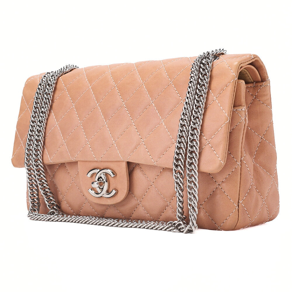 CHANEL Leather Matelasse Double Flap Double Chain Bag Salmon Pink Silver-Tone Hardware, Pre-Owned