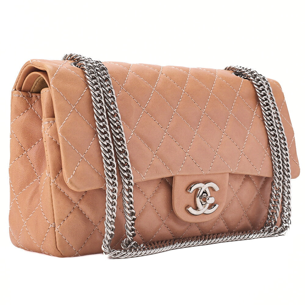 CHANEL Leather Matelasse Double Flap Double Chain Bag Salmon Pink Silver-Tone Hardware, Pre-Owned