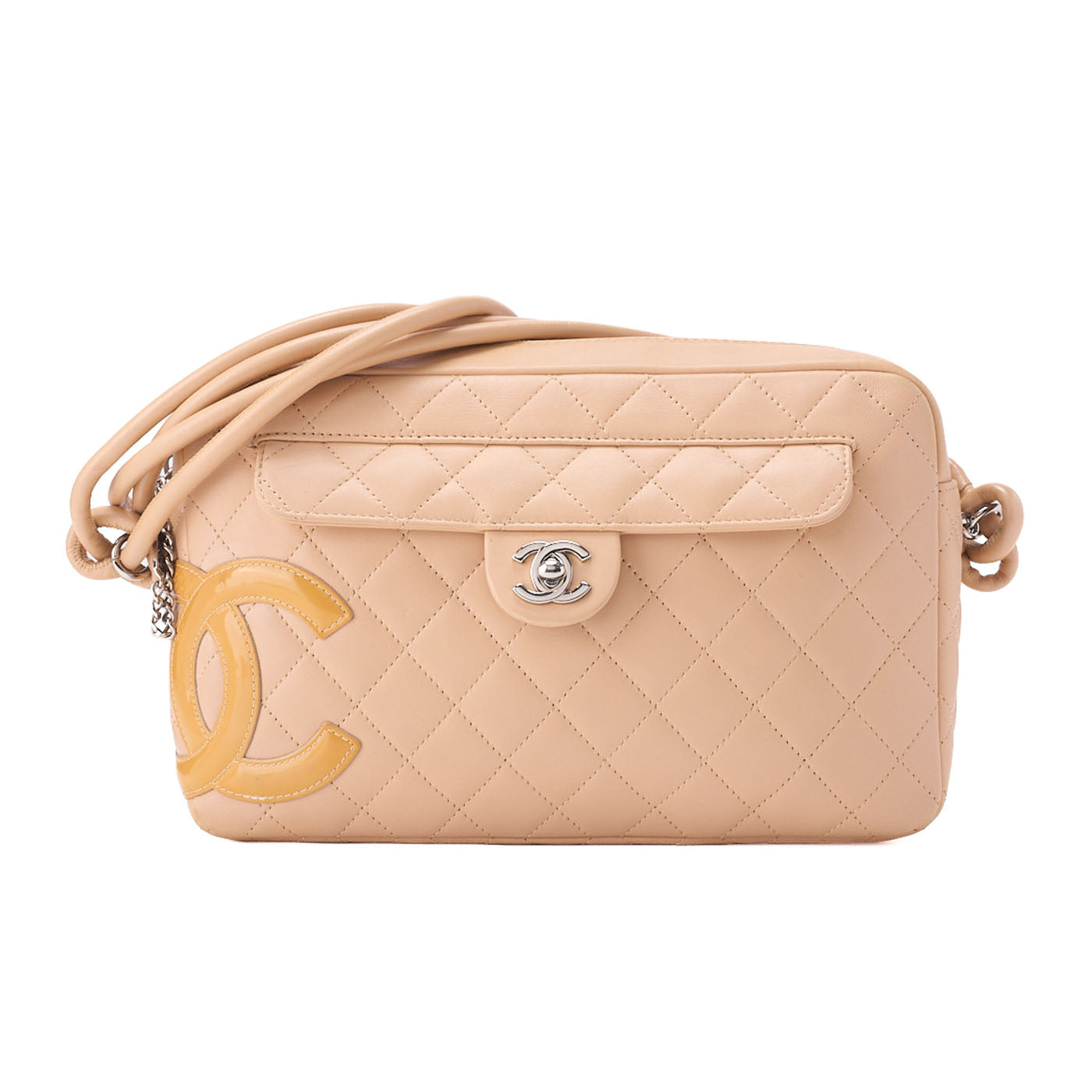CHANEL Cambon Line Matelasse Calf x Enamel Beige x Orange Shoulder Bag Silver-Tone Hardware, Pre-Owned