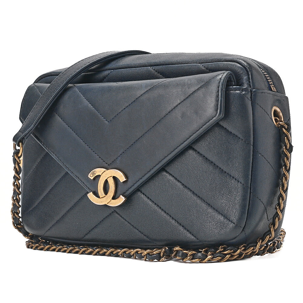 CHANEL Chain Shoulder Bag with Coco Charm V-Stitch Lambskin Navy Gold-Tone Hardware, Pre-Owned