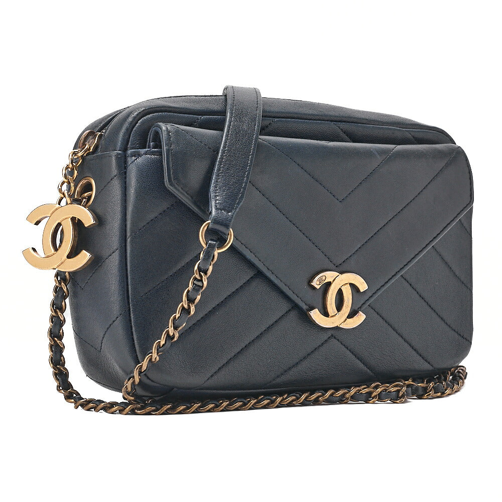 CHANEL Chain Shoulder Bag with Coco Charm V-Stitch Lambskin Navy Gold-Tone Hardware, Pre-Owned