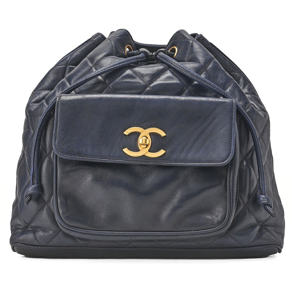 CHANEL Chain Shoulder Bag Outside Flap Drawstring Lambskin Navy Gold-Tone Hardware, Pre-Owned