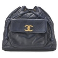 CHANEL Chain Shoulder Bag Outside Flap Drawstring Lambskin Navy Gold-Tone Hardware, Pre-Owned