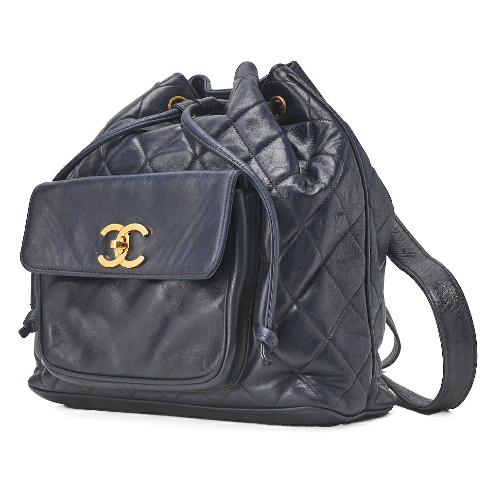CHANEL Chain Shoulder Bag Outside Flap Drawstring Lambskin Navy Gold-Tone Hardware, Pre-Owned