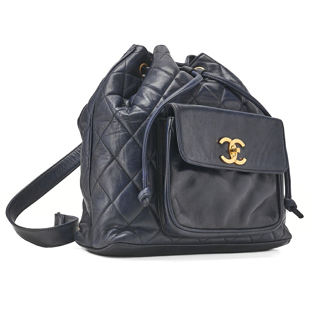 CHANEL Chain Shoulder Bag Outside Flap Drawstring Lambskin Navy Gold-Tone Hardware, Pre-Owned
