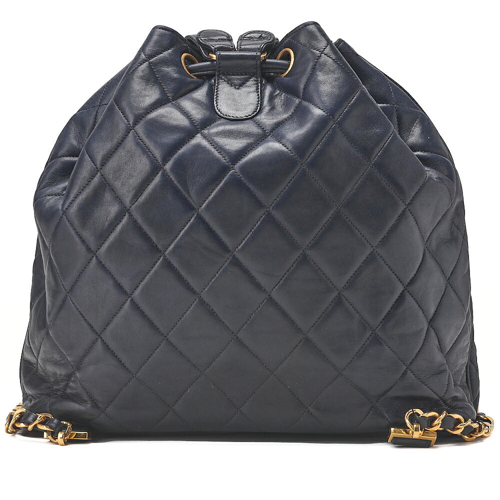 CHANEL Chain Shoulder Bag Outside Flap Drawstring Lambskin Navy Gold-Tone Hardware, Pre-Owned