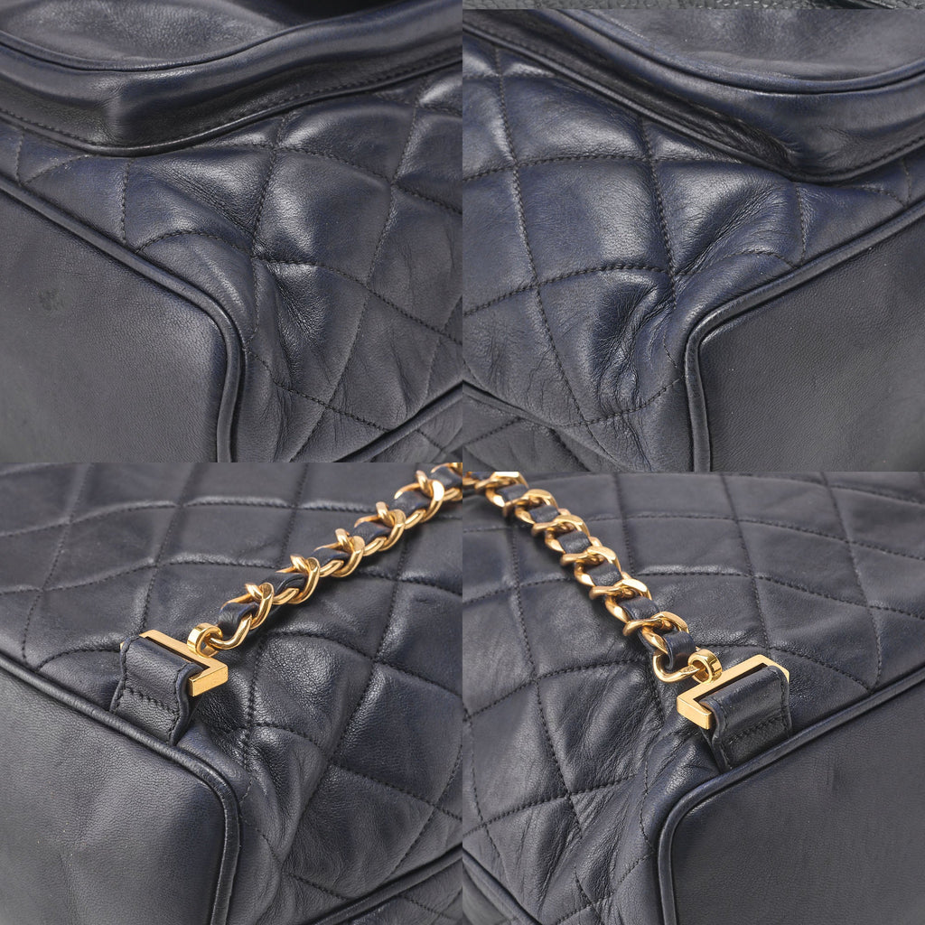 CHANEL Chain Shoulder Bag Outside Flap Drawstring Lambskin Navy Gold-Tone Hardware, Pre-Owned