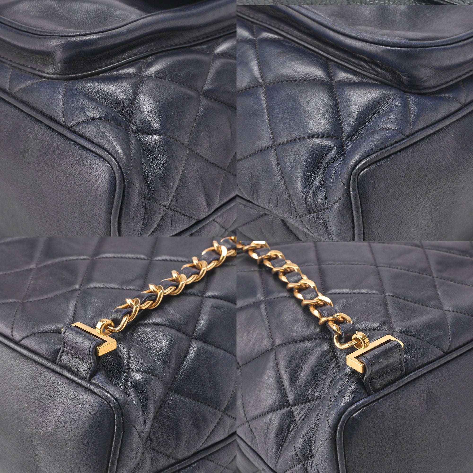 CHANEL Chain Shoulder Bag Outside Flap Drawstring Lambskin Navy Gold-Tone Hardware, Pre-Owned