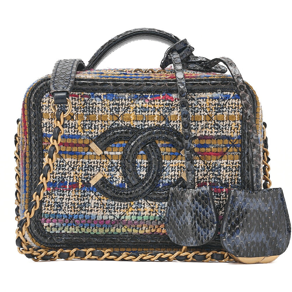 CHANEL Shoulder Bag Tote Bag Cocomark CC Filigree 2-Way Handbag Python x Tweed Navy x Multicolor Gold-Tone Hardware, Pre-Owned