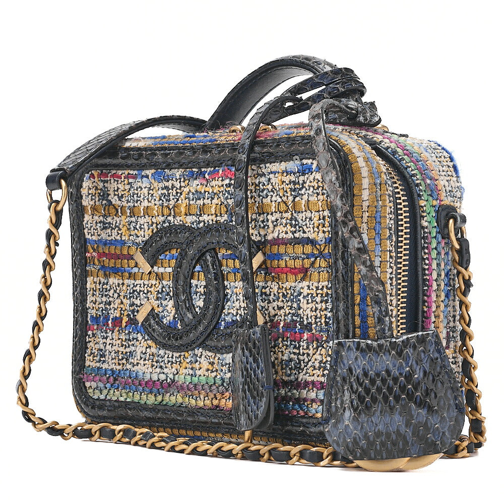 CHANEL Shoulder Bag Tote Bag Cocomark CC Filigree 2-Way Handbag Python x Tweed Navy x Multicolor Gold-Tone Hardware, Pre-Owned