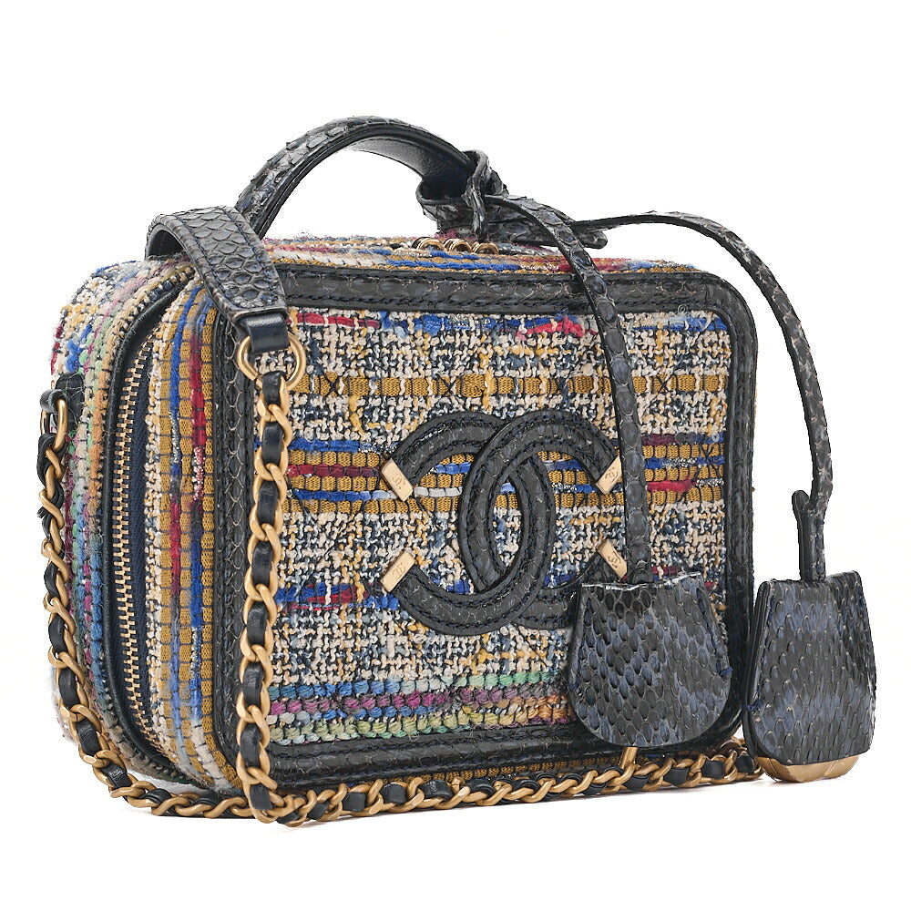 CHANEL Shoulder Bag Tote Bag Cocomark CC Filigree 2-Way Handbag Python x Tweed Navy x Multicolor Gold-Tone Hardware, Pre-Owned
