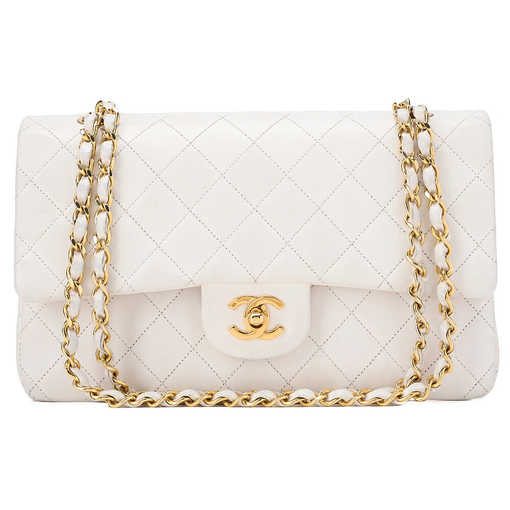 CHANEL Lambskin Matelasse 25cm Double Flap Chain Shoulder White Gold-Tone Hardware, Pre-Owned