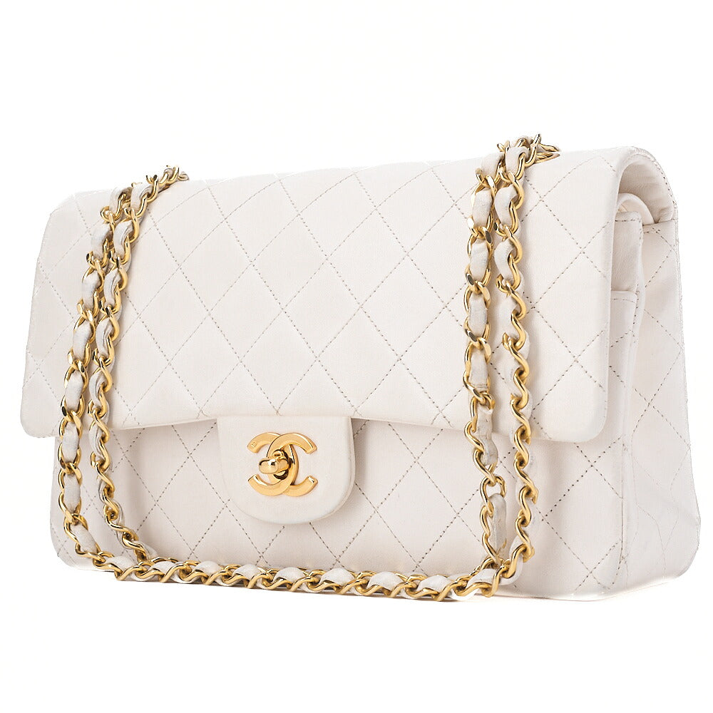 CHANEL Lambskin Matelasse 25cm Double Flap Chain Shoulder White Gold-Tone Hardware, Pre-Owned