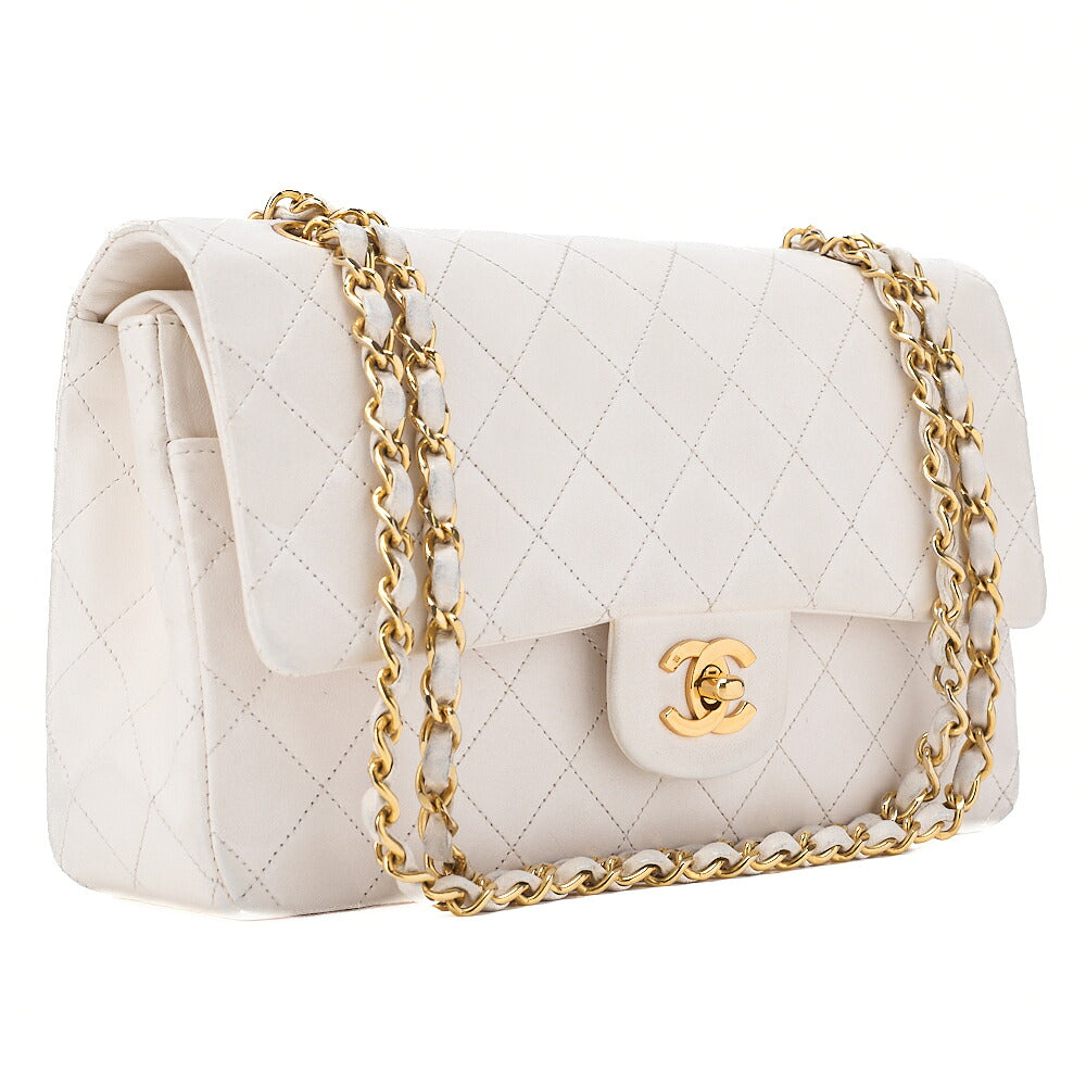CHANEL Lambskin Matelasse 25cm Double Flap Chain Shoulder White Gold-Tone Hardware, Pre-Owned