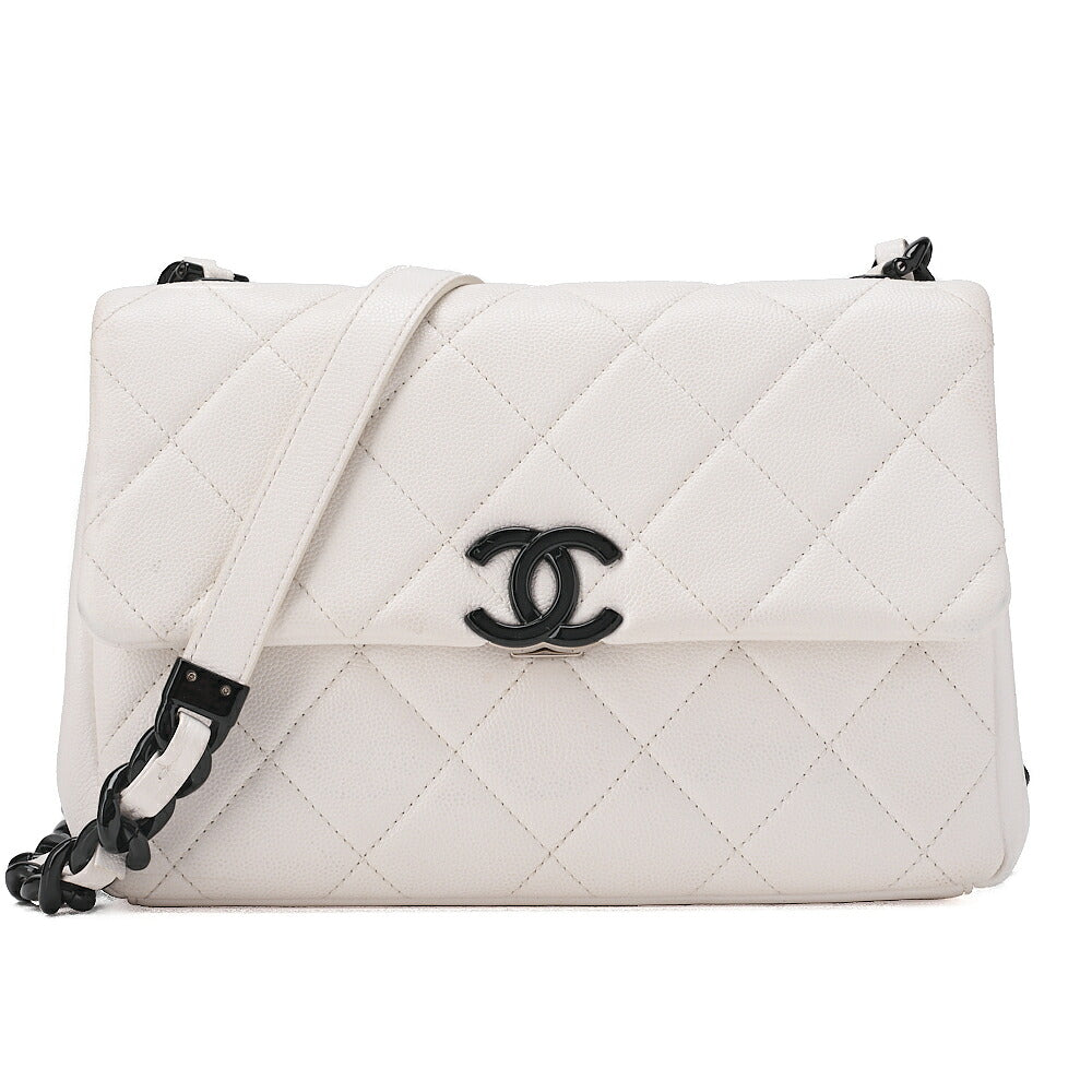 CHANEL Matrasse Cocomark Single Chain Shoulder Bag Caviar Skin White Black-Tone Hardware, Pre-Owned