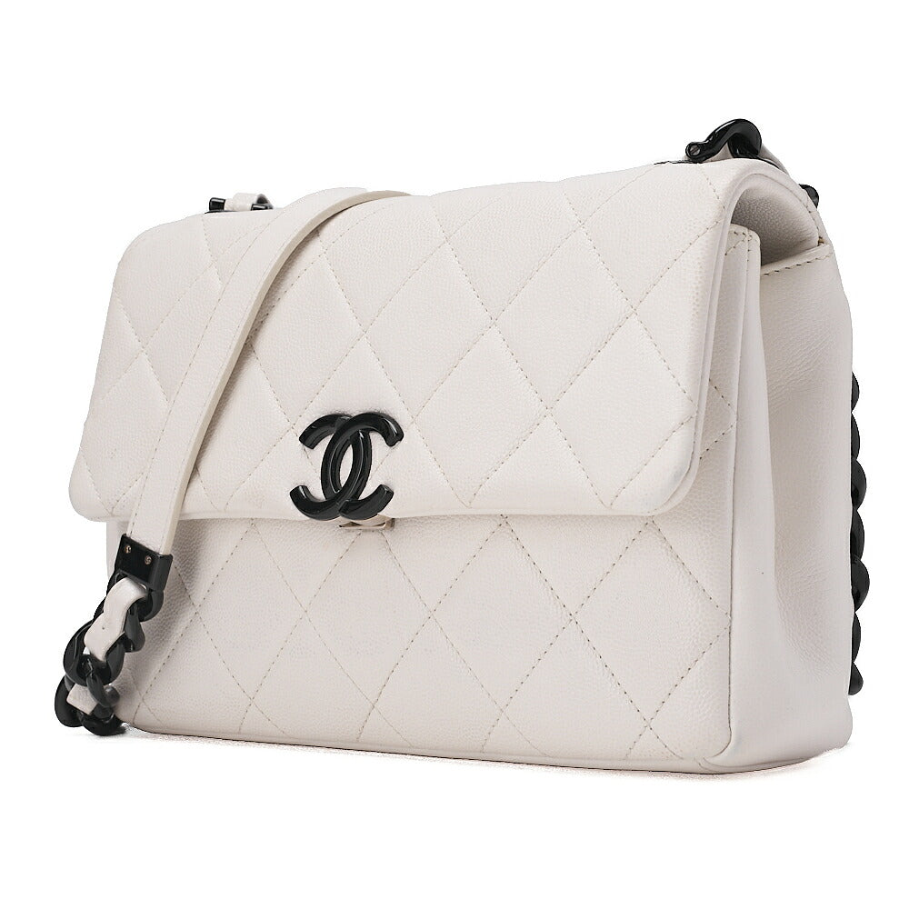 CHANEL Matrasse Cocomark Single Chain Shoulder Bag Caviar Skin White Black-Tone Hardware, Pre-Owned