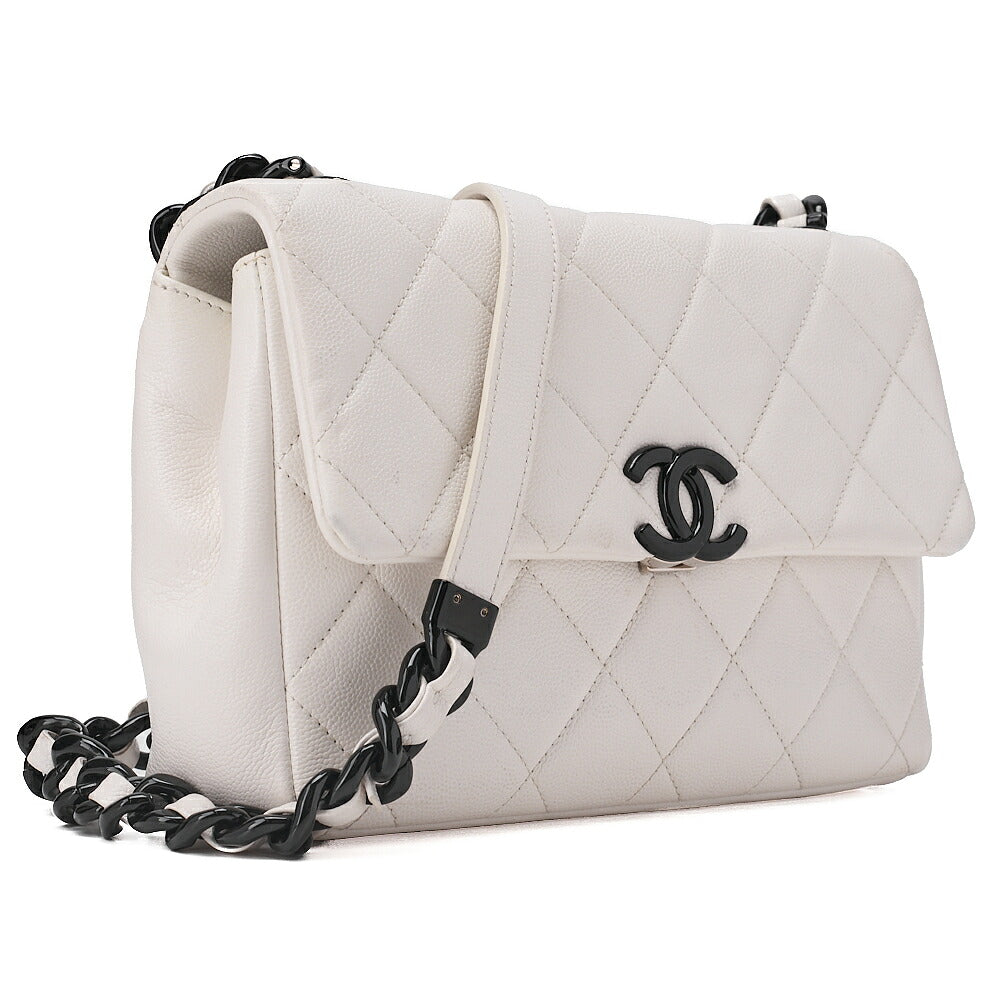 CHANEL Matrasse Cocomark Single Chain Shoulder Bag Caviar Skin White Black-Tone Hardware, Pre-Owned