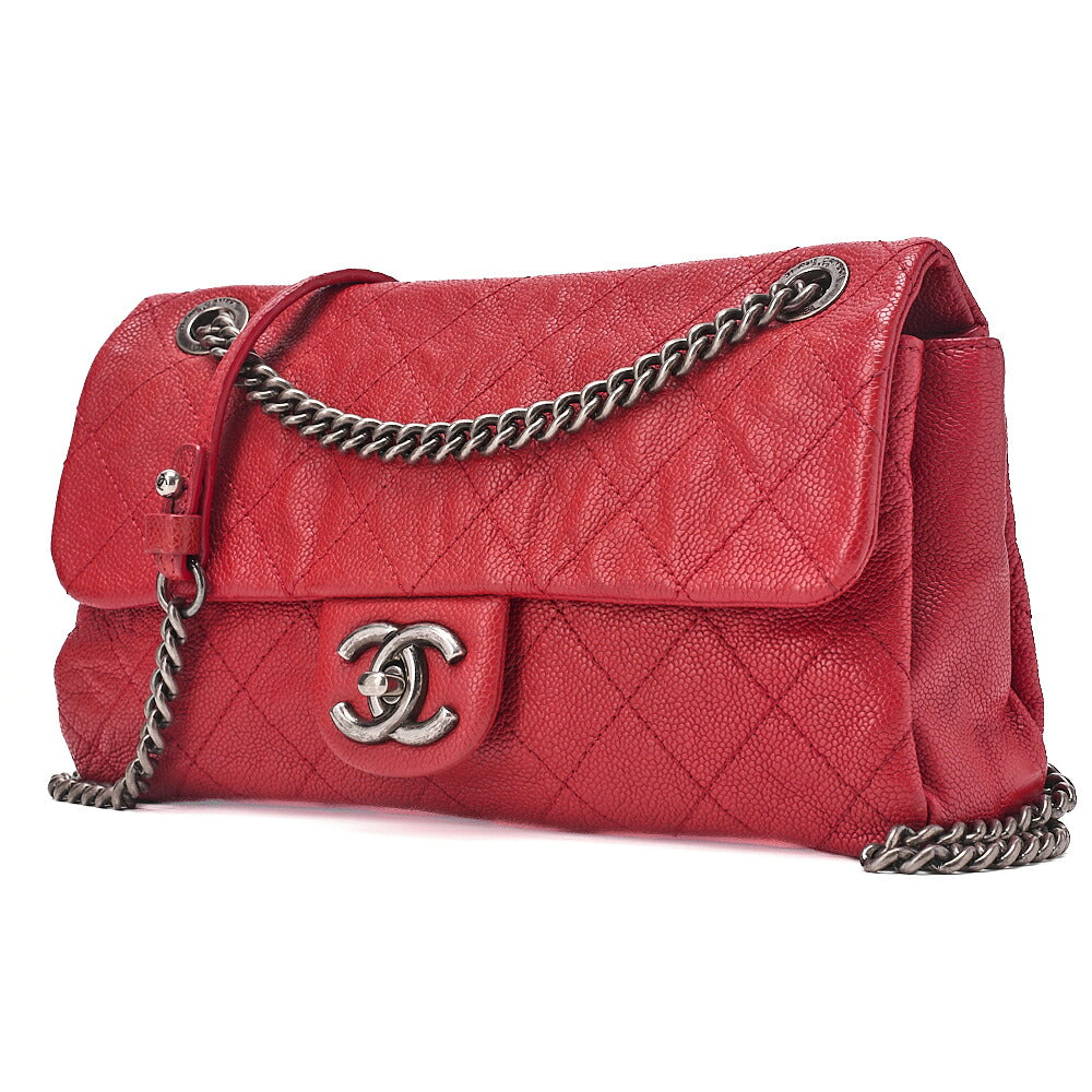 CHANEL Caviar Skin Matrasse Single Flap Chain Shoulder Red Silver-Tone Hardware, Pre-Owned