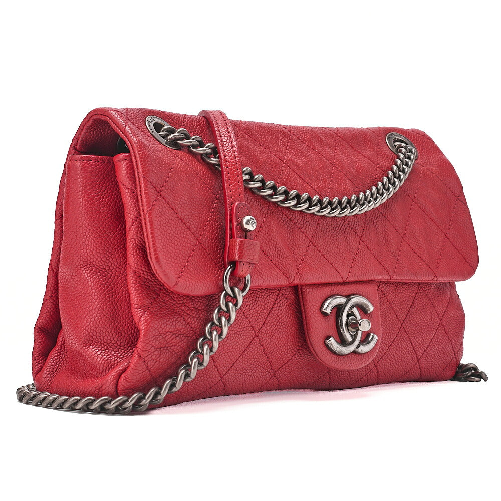 CHANEL Caviar Skin Matrasse Single Flap Chain Shoulder Red Silver-Tone Hardware, Pre-Owned
