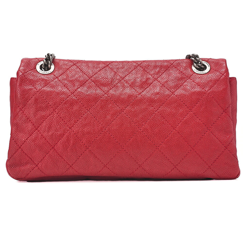 CHANEL Caviar Skin Matrasse Single Flap Chain Shoulder Red Silver-Tone Hardware, Pre-Owned