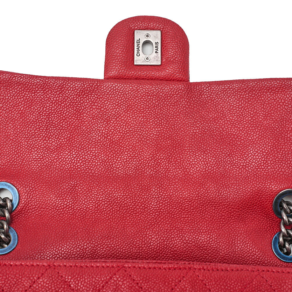 CHANEL Caviar Skin Matrasse Single Flap Chain Shoulder Red Silver-Tone Hardware, Pre-Owned